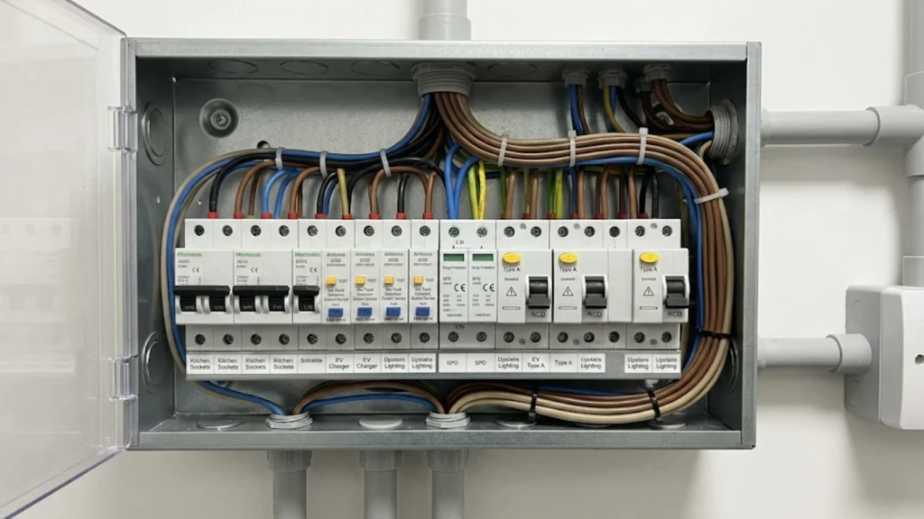 Modern consumer unit fitted with AFDDs, SPDs, and Type A RCDs to 18th Edition standards