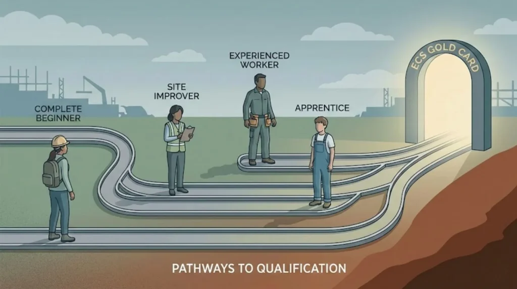 Multiple electrician pathways leading to the ECS Gold Card, and a legal qualification gate requiring NVQ Level 3, AM2, and 18th Edition.