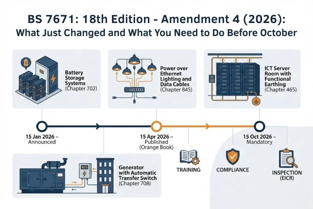 Overview graphic showing BS 7671 18th Edition Amendment 4 changes and the 2026 compliance timeline.