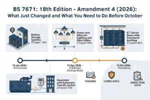Overview graphic showing BS 7671 18th Edition Amendment 4 changes and the 2026 compliance timeline.