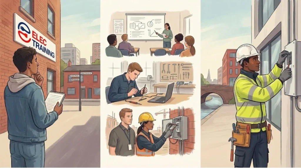 Progression from classroom electrical training and workshop practice to supervised site work and professional installation.