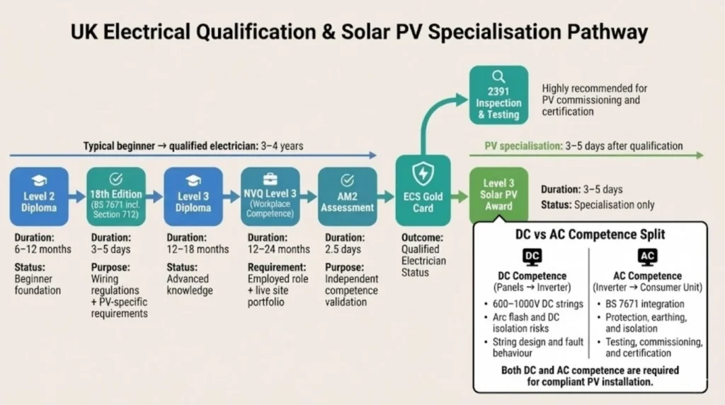 Qualification pathway diagram showing 3-4 year electrical training foundation from beginner through qualified electrician (NVQ Level 3, AM2, 18th Edition Section 712) followed by 3-5 day PV specialization with DC and AC competence requirements