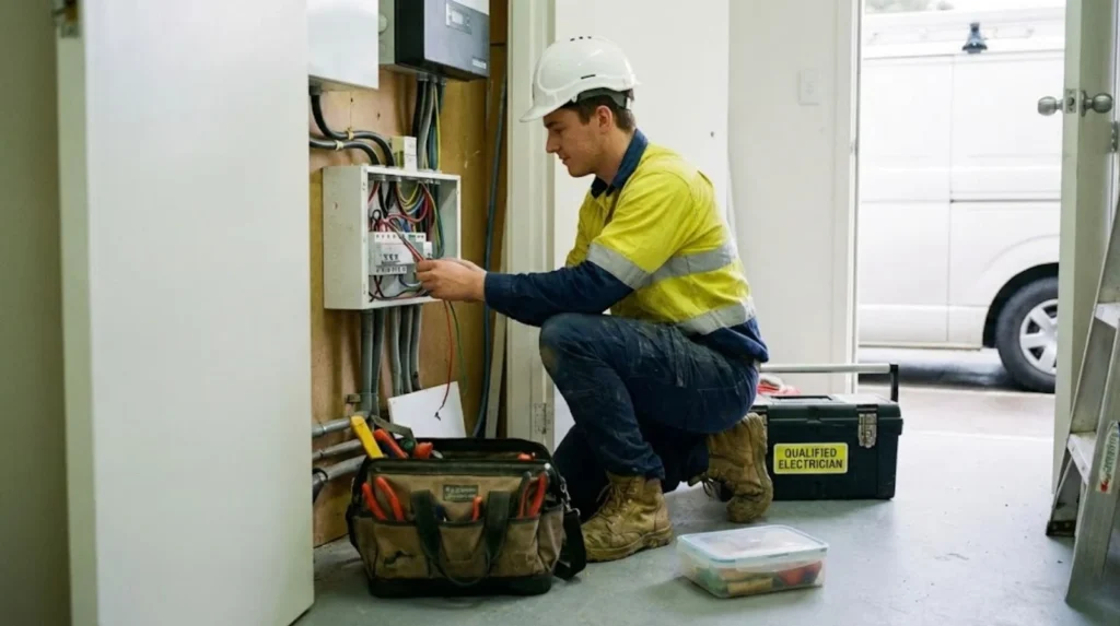 Qualified electrician carrying out electrical work at a consumer unit, using tools and testing equipment on site.