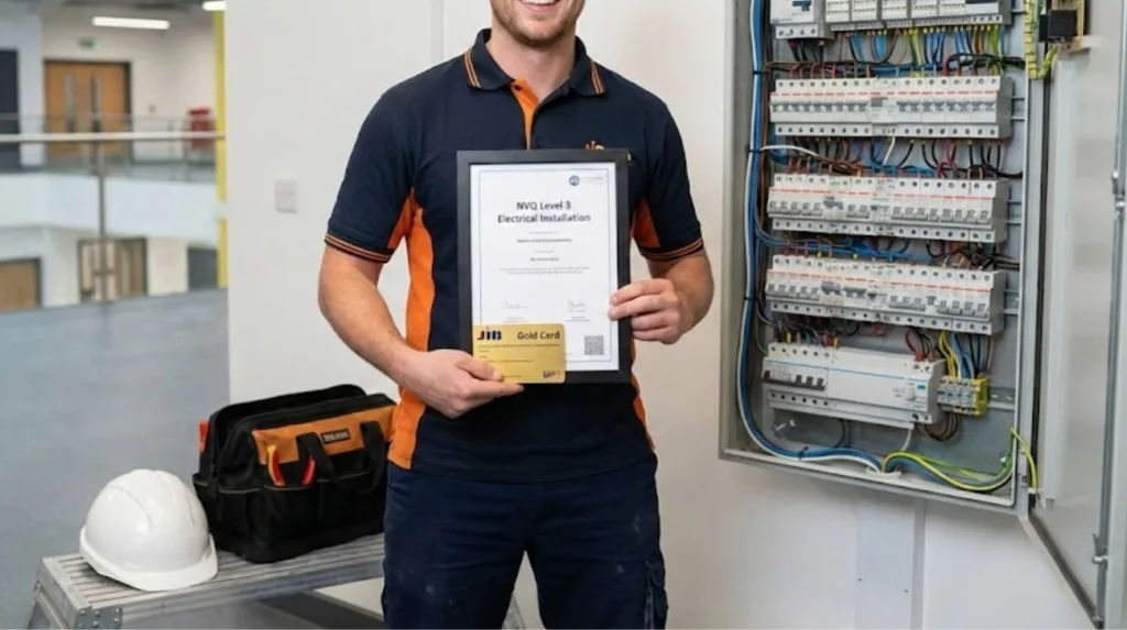 Qualified electrician celebrating successful NVQ portfolio completion after systematic evidence quality management and proper preparation