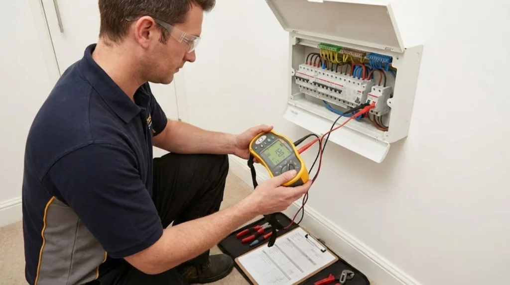 Qualified electrician conducting Electrical Installation Condition Report inspection using multifunction tester on consumer unit
