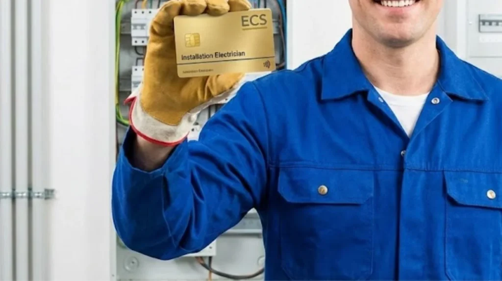 Qualified electrician holding ECS Gold Card after completing Level 2, Level 3, NVQ, and AM2 assessment pathway