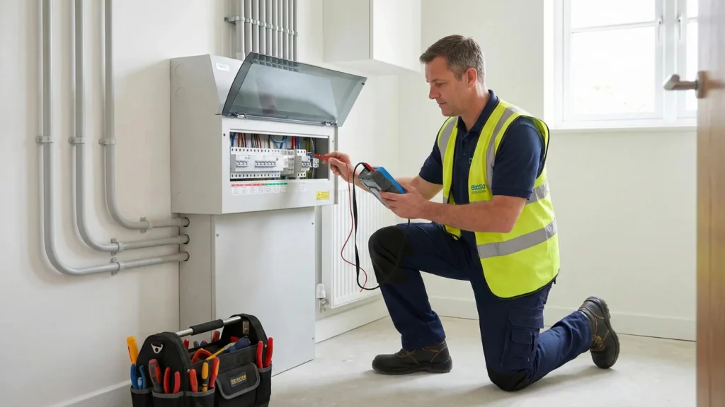 Qualified electrician in a hi-vis vest testing a distribution board.