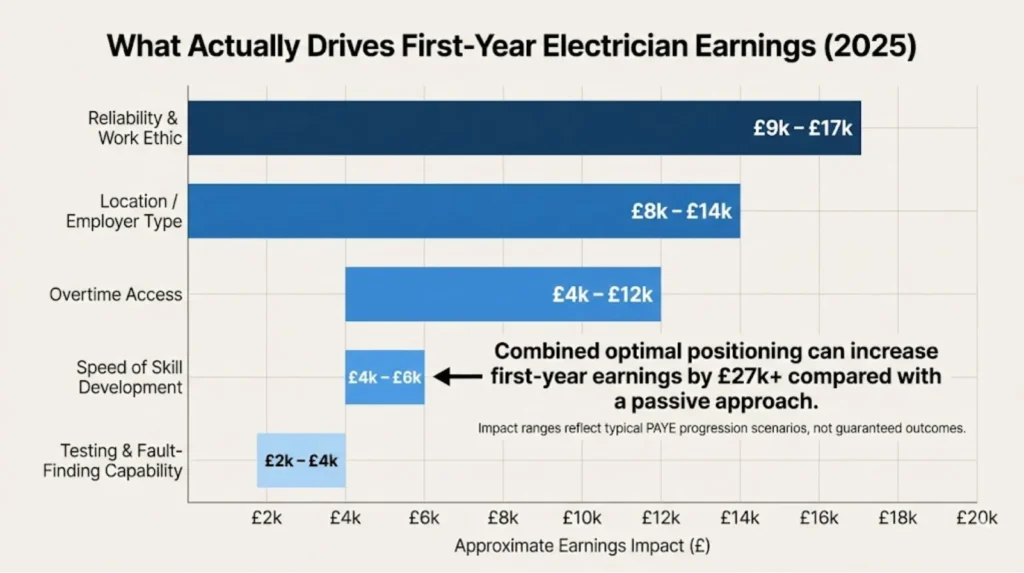 Ranked horizontal bar chart showing first-year electrician earnings drivers: reliability £9k-£17k impact, location/employer £8k-£14k, overtime access £4k-£12k, speed development £4k-£6k, testing capability £2k-£4k