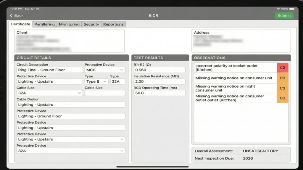 Screenshot of a tablet displaying a completed digital EICR.