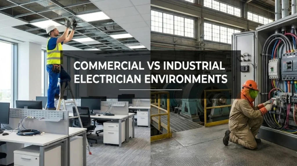 Side-by-side comparison of commercial electrician working in office environment versus industrial electrician working with factory machinery and control systems