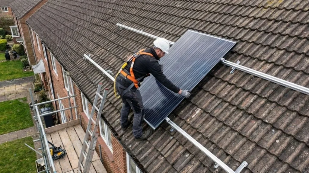 Solar PV installer working at height on rooftop installation demonstrating physical demands including panel handling, mounting system installation, and working at height competence beyond electrical skills
