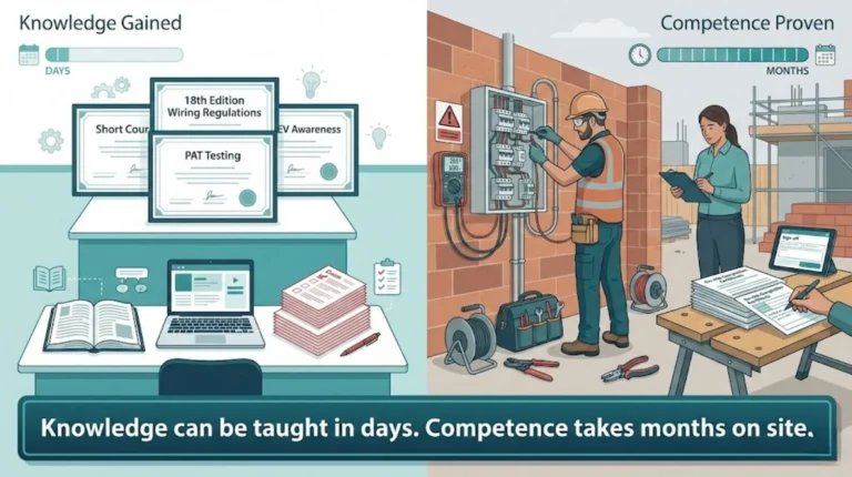Split illustration comparing classroom certificates and short courses with on-site electrical work, showing knowledge gained in days versus competence proven over months.
