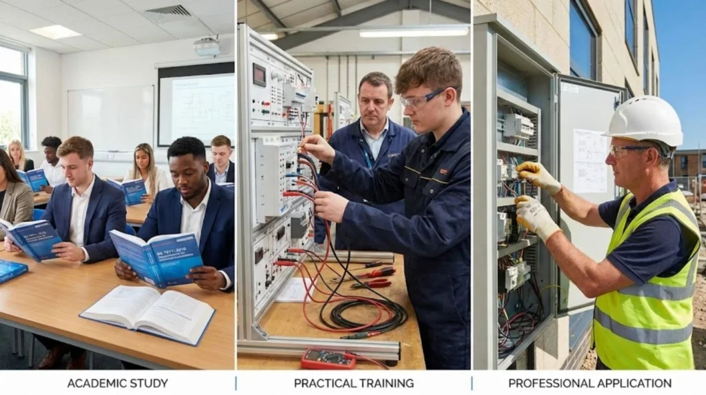 Three learning environments in electrical training classroom theory, workshop practice, and workplace competence on real job sites