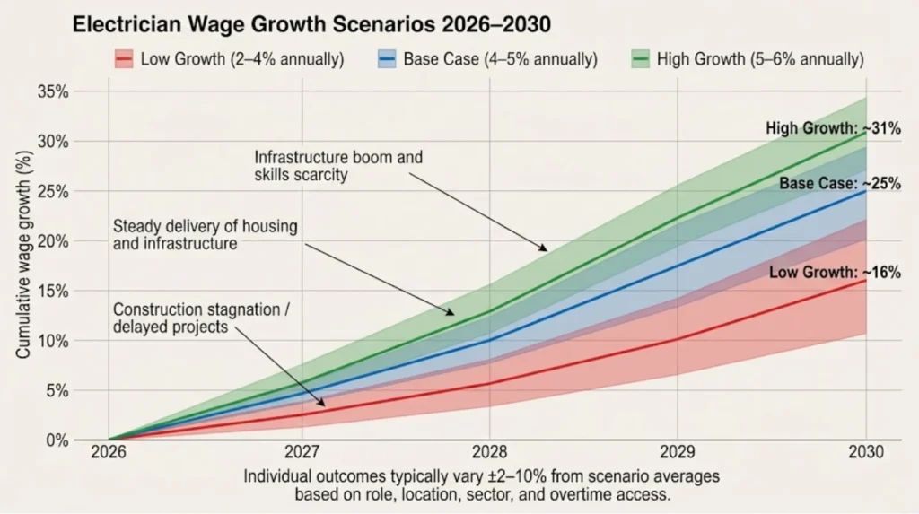 Three-scenario wage growth projections for electricians 2026-2030: low growth 10-22% cumulative (construction stagnation), base case 22-28% (steady infrastructure delivery), high growth 28-34% (infrastructure boom and acute scarcity)