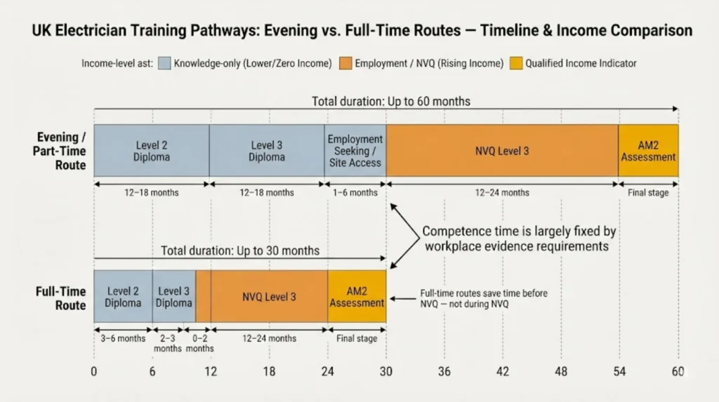 Timeline comparing UK electrician eveningpart-time and full-time routes, showing stages, durations, and income progression to NVQ Level 3 and AM2.