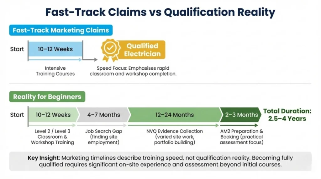 Timeline comparison showing fast-track marketing claims versus actual Birmingham beginner qualification timeline including NVQ and AM2