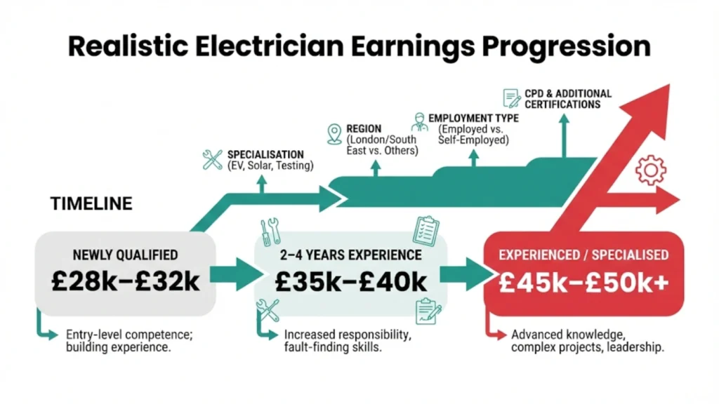 Timeline showing electrician earnings progression from newly qualified to experienced roles