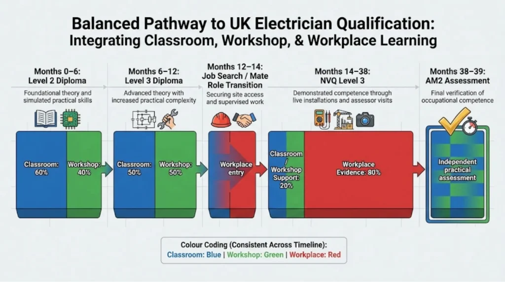 Timeline showing integration of classroom, workshop, and workplace learning from beginner to qualified electrician