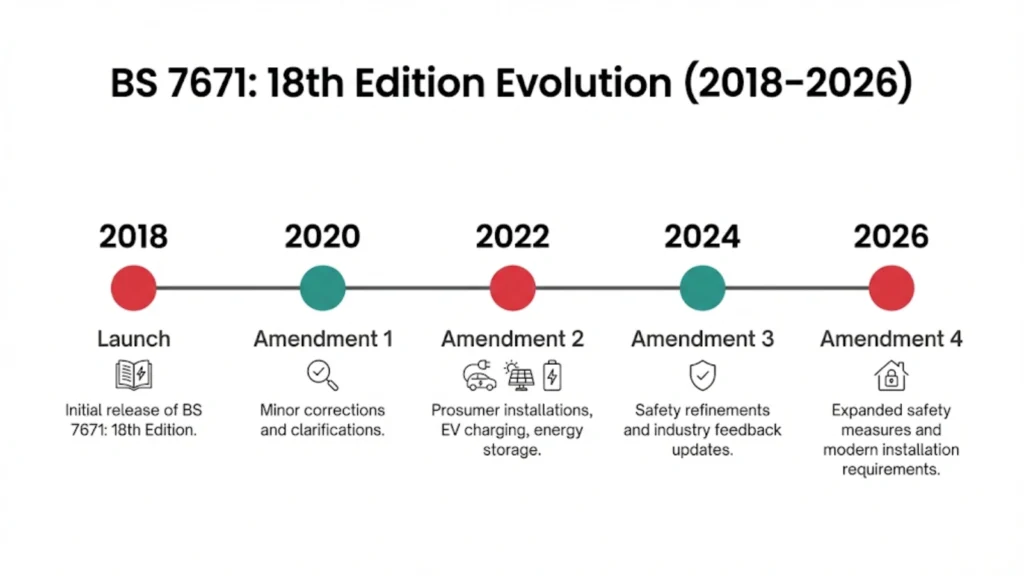 Timeline showing the evolution of the 18th Edition from 2018 through Amendment 4 in 2026