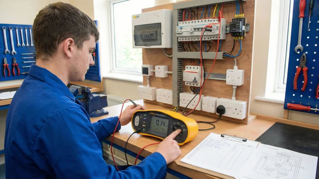 Trainee using a multifunction tester with a circuit diagram.