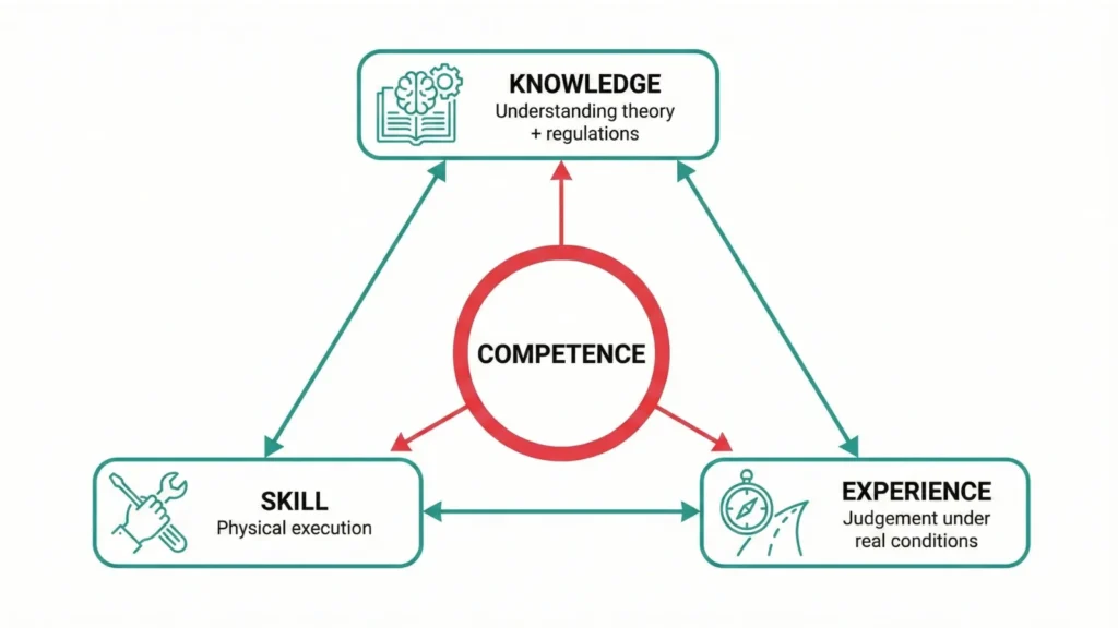 Triangle diagram linking Knowledge, Skill, and Experience to Competence.