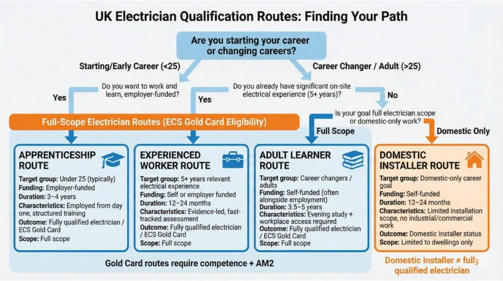 Flowchart showing UK electrician qualification routes, including apprenticeship, experienced worker, adult learner, and domestic installer pathways.