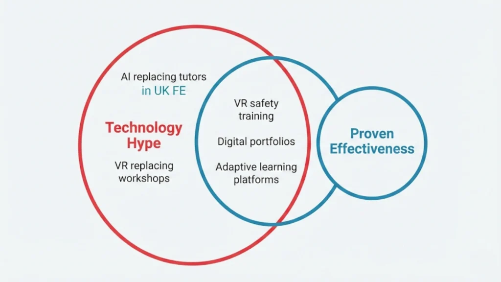 Venn diagram showing technology hype, real adoption in UK FE, and proven effectiveness