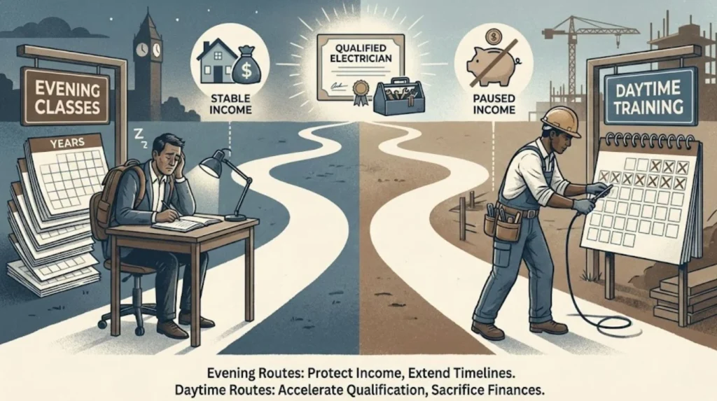 comparing evening classes and daytime training routes for electricians, showing income stability versus faster qualification with paused earnings.