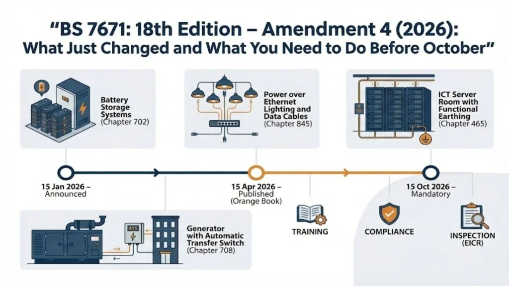 graphic showing BS 7671 18th Edition Amendment 4 changes and the 2026 compliance timeline.