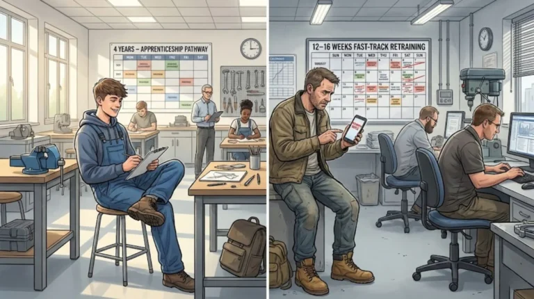 illustration comparing a 4-year electrical apprenticeship classroom with a 12–16 week fast-track retraining classroom, highlighting different timelines and learner profiles.