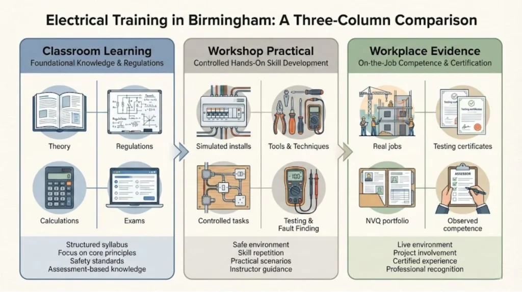 Infographic comparing classroom learning, workshop practical training, and workplace evidence in Birmingham electrician training pathways.