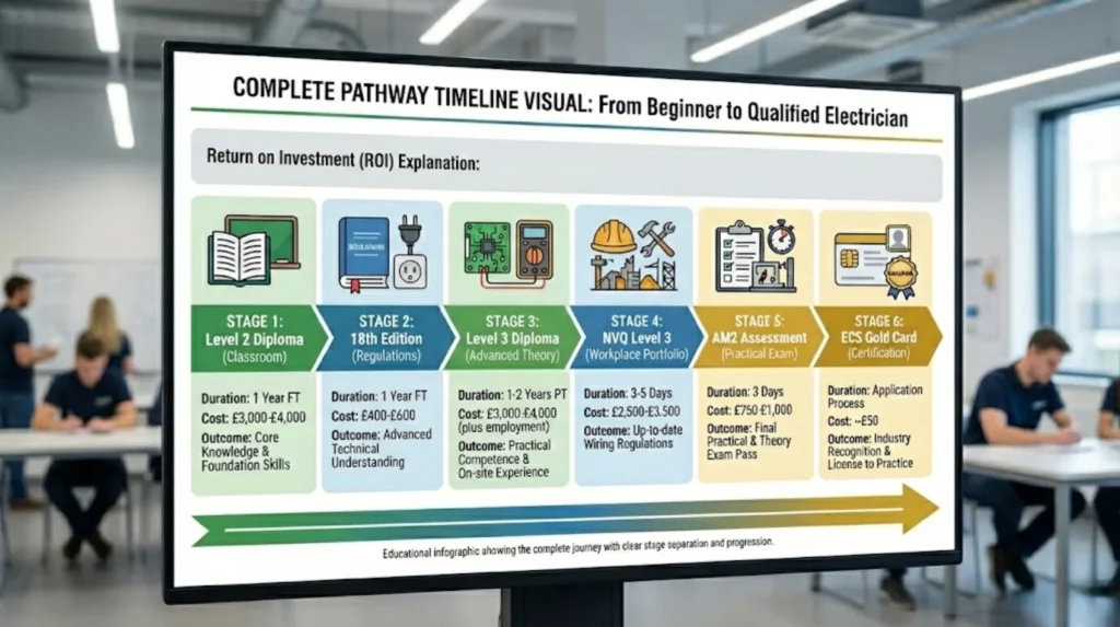 infographic showing the full pathway from beginner to qualified electrician, including diplomas, NVQ, 18th Edition, AM2, and ECS Gold Card.
