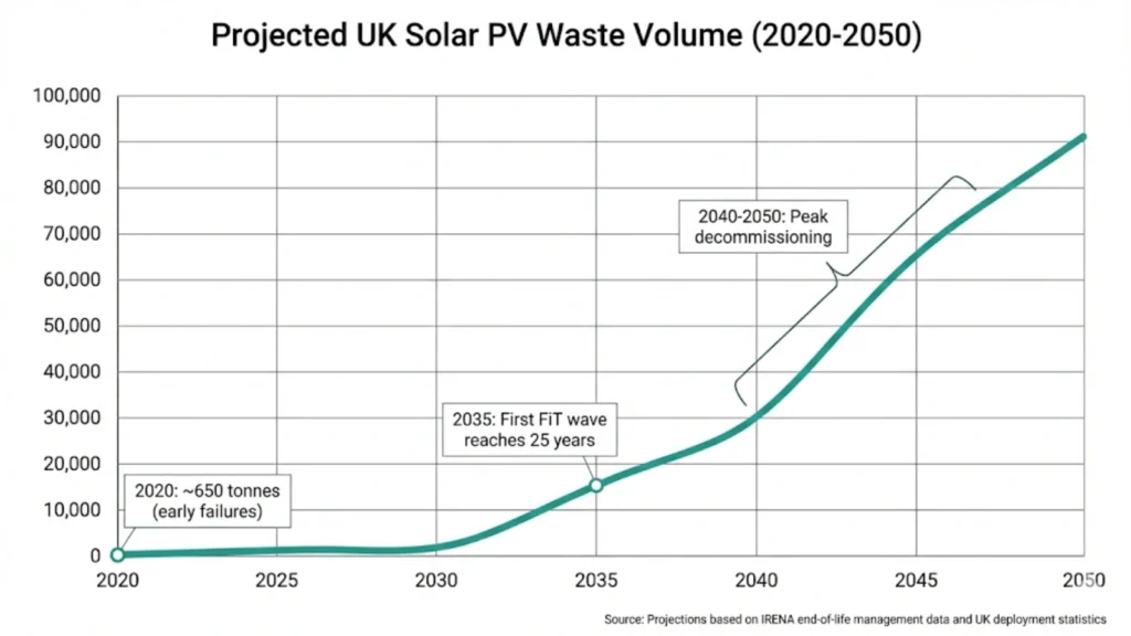 Chart showing projected UK solar panel waste volumes increasing from 2020 to 2050