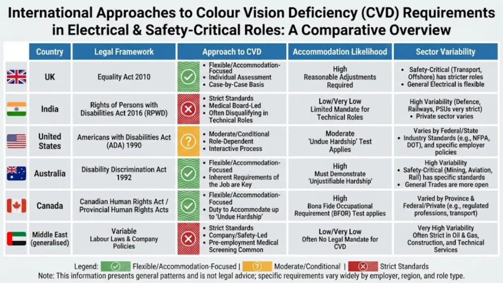 Comparison of international colour vision standards for electrical and safety-critical roles
