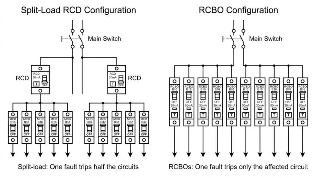 Diagram comparing split load RCD consumer unit and RCBO consumer unit protection layouts
