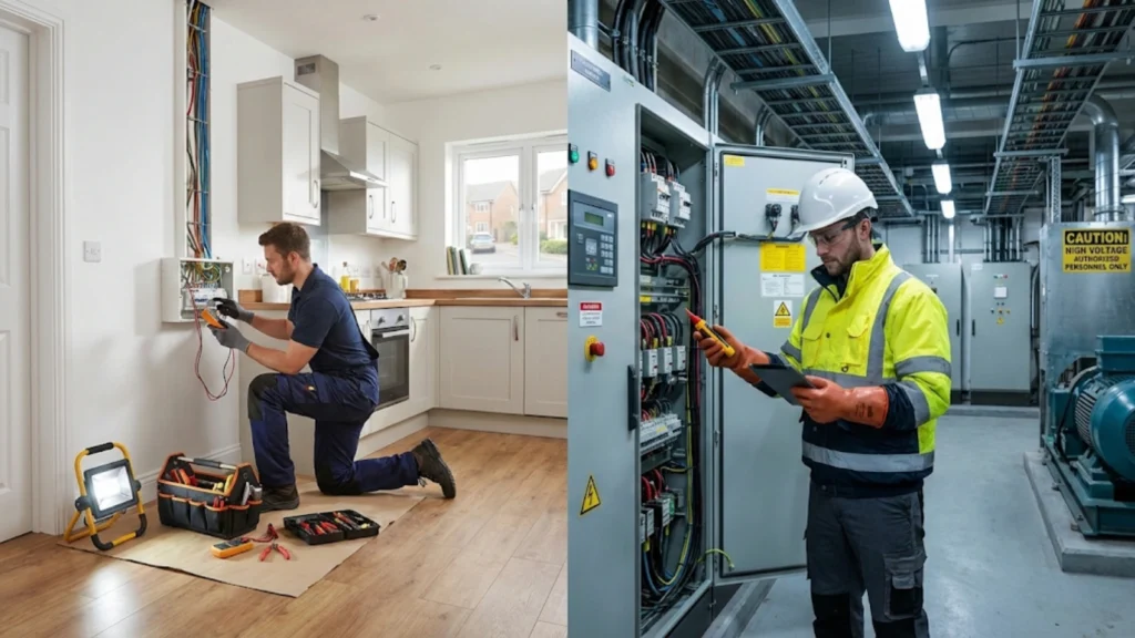 Domestic and industrial electrical work environments compared