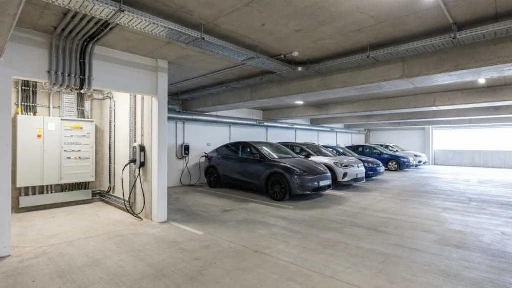 Electric vehicle charging infrastructure installed in multi-storey car park showing multiple charging points