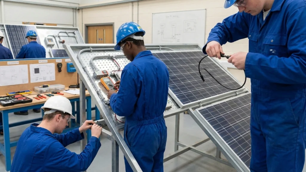 Electrical trainees practicing solar PV installation techniques on training rig