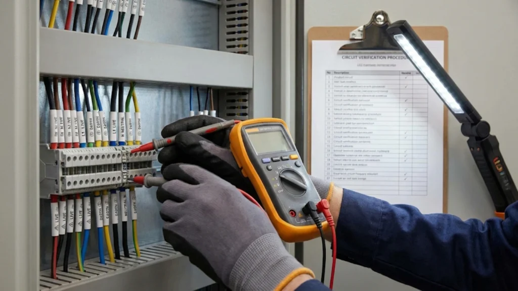 Electrical workplace showing labelled conductors, testing tools, and clear lighting