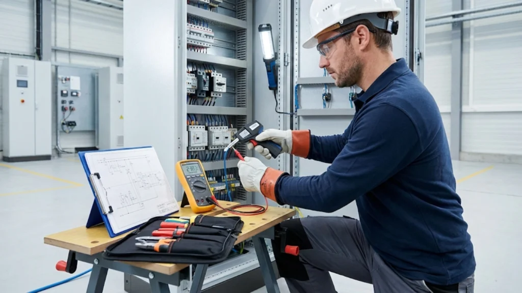 Electrician applying systematic verification by labelling conductors testing with a digital meter and referencing documentation in an organised work area