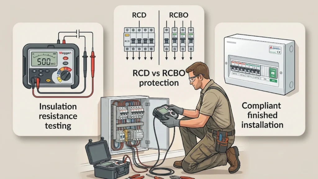 Electrician onsite with icons showing testing, protection, and finished consumer unit