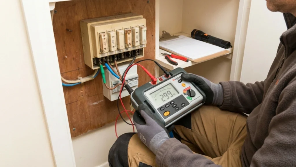 Electrician performing insulation resistance testing with megger on domestic consumer unit