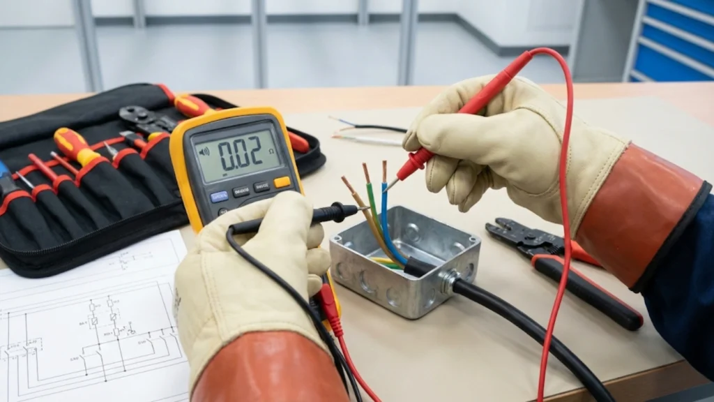 Electrician using a digital multimeter to perform continuity testing on a cable bundle to identify conductors