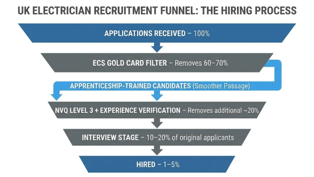 Employer hiring funnel showing how electrician applicants are filtered from application to interview and hire