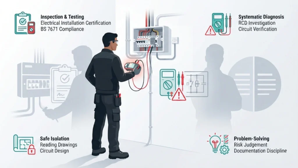 Illustrated UK electrician testing a consumer unit with icons showing certification, fault-finding, and core professional skills