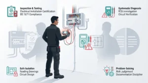 Illustrated UK electrician testing a consumer unit with icons showing certification, fault-finding, and core professional skills