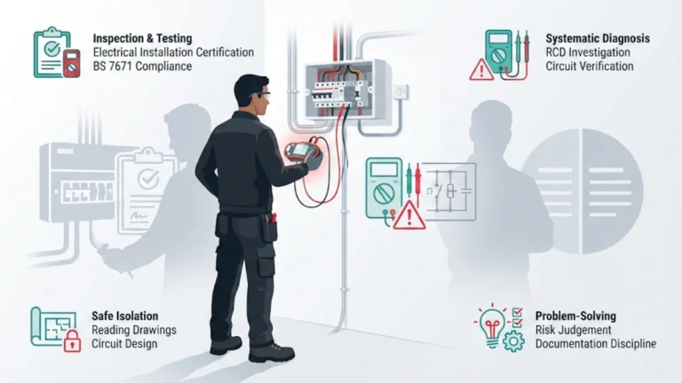 Illustrated UK electrician testing a consumer unit with icons showing certification, fault-finding, and core professional skills