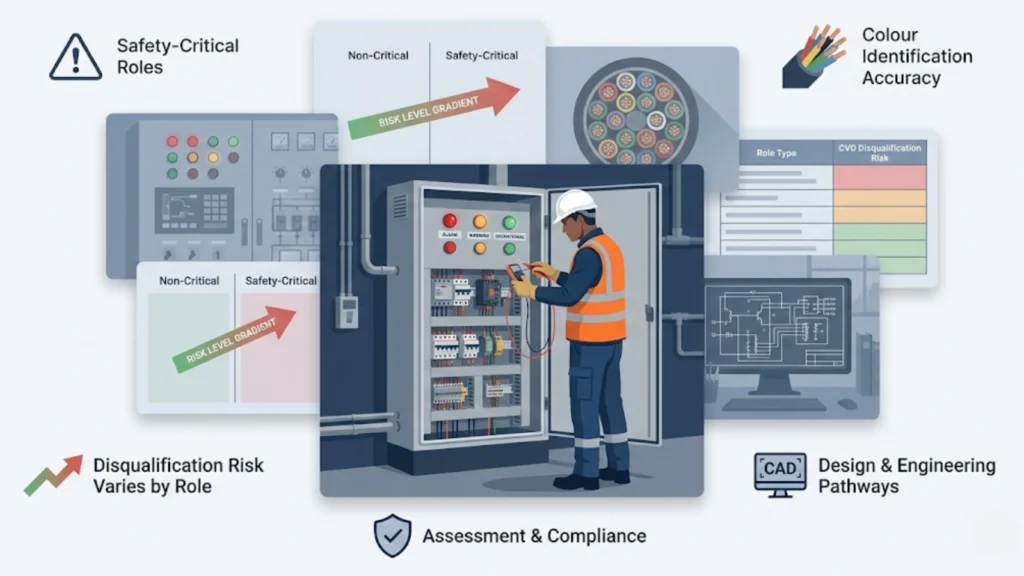 Illustrated electrical safety overview showing onsite electrician, colour-coded control panel, risk comparison graphics, multi-core cable detail, and design pathway icons