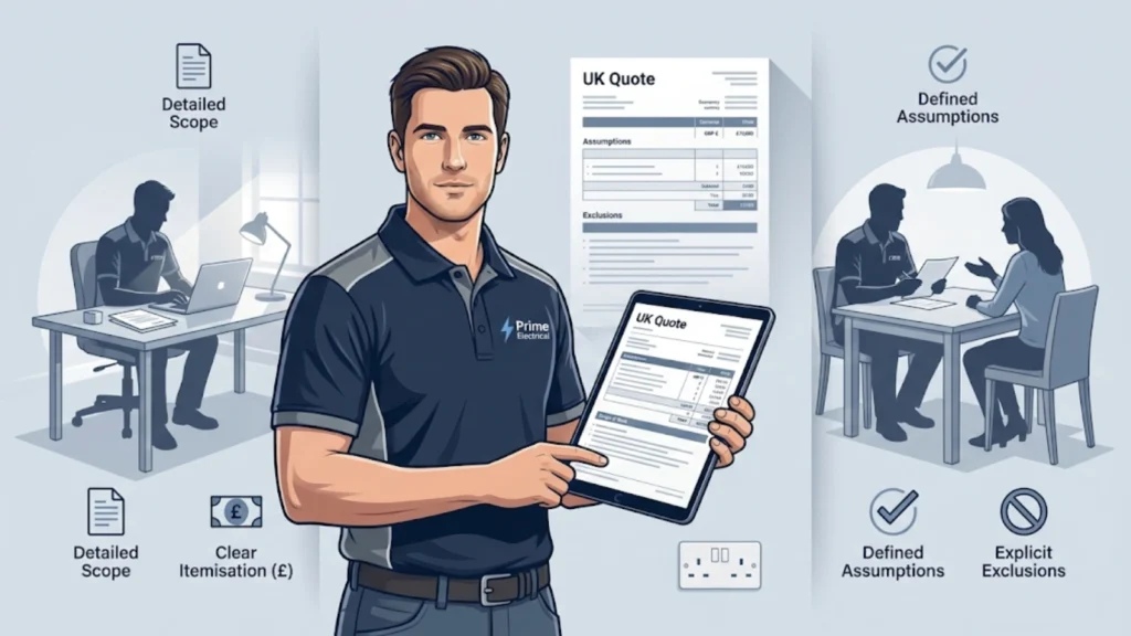 Illustrated electrician onsite holding professional quote with icons showing detailed scope, clear itemisation, client agreement, and written documentation