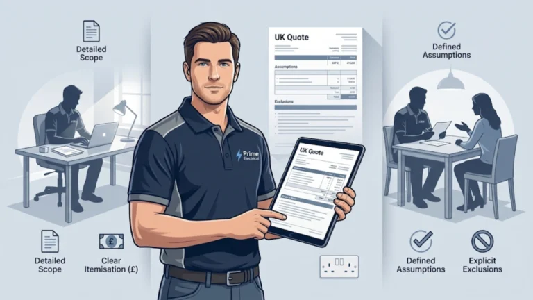 Illustrated electrician onsite holding professional quote with icons showing detailed scope, clear itemisation, client agreement, and written documentation